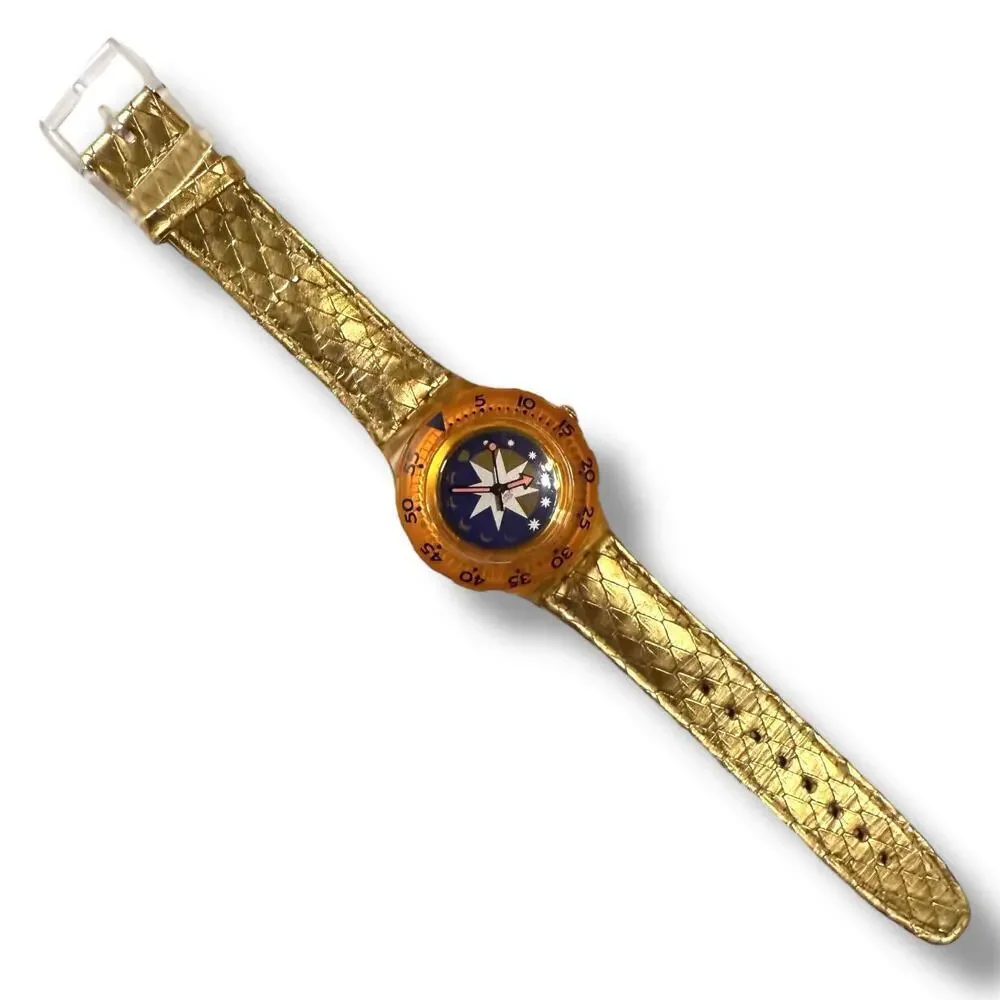 Vintage Swatch Scuba 200 Golden Island model SDK112 Orange Gold Blue Quartz RUNS